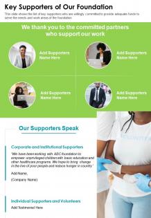 One page key supporters of our foundation presentation report infographic ppt pdf document