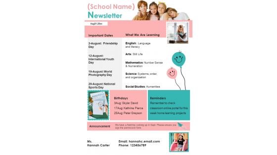 One Page Kids Blank Newsletter For Teachers Presentation Report Infographic PPT PDF Document