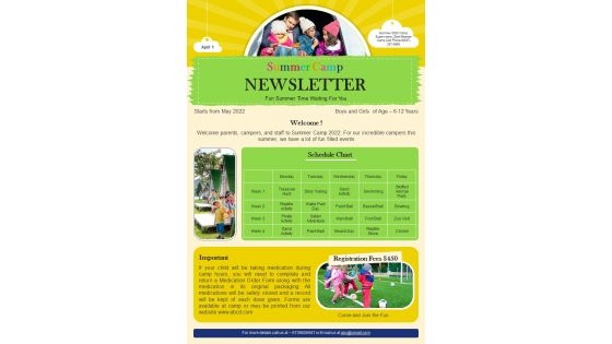 One Page Kids Summer Camp Newsletter Presentation Report Infographic Ppt Pdf Document