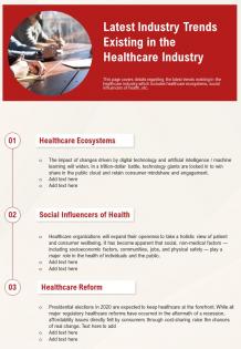 One page latest industry trends existing in the healthcare industry report infographic ppt pdf document