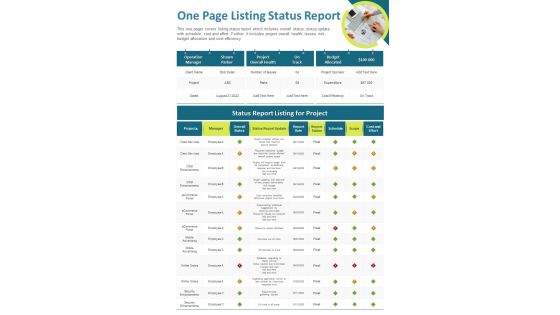 One page listing status report presentation infographic PPT PDF document