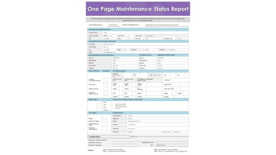 One Page Maintenance Status Report presentation infographic PPT PDF document
