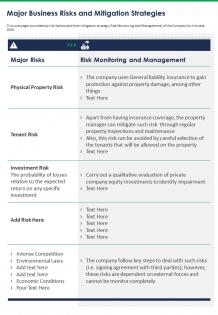 One page major business risks and mitigation strategies presentation report infographic ppt pdf document