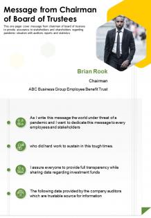 One page message from chairman of board of trustees presentation report infographic ppt pdf document