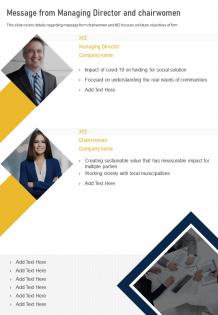 One page message from managing director and chairwomen presentation report infographic ppt pdf document