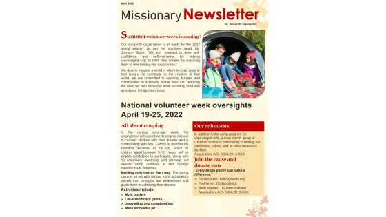One Page Missionary Newsletter Presentation Report Infographic Ppt Pdf Document