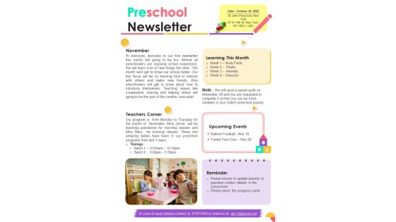 One Page Monthly Preschool Newsletter Presentation Report Infographic Ppt Pdf Document