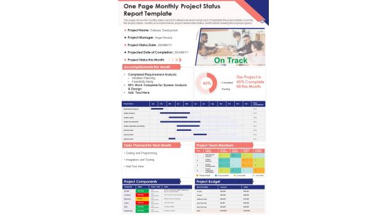 One Page Monthly Project Status Report Template Presentation Report Infographic Ppt Pdf Document