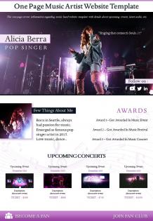 One page music artist website template presentation report infographic ppt pdf document
