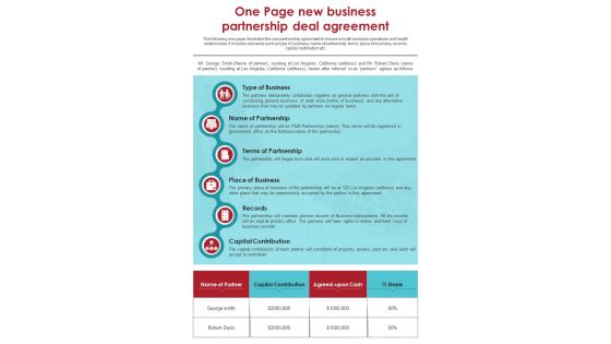 One Page New Business Partnership Deal Agreement Presentation Report Infographic PPT PDF Document