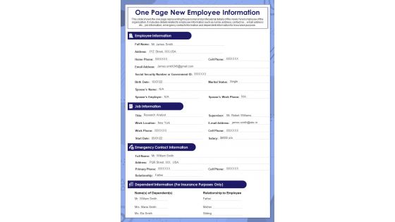 One Page New Employee Information Presentation Report Infographic PPT PDF Document