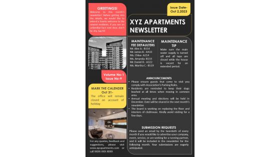 One Page Newsletter Templates For Apartments Presentation Report Infographic Ppt Pdf Document