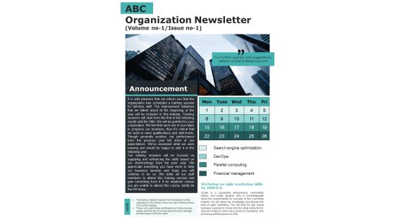 One Page Newsletter With Calendar Template Presentation Report Infographic Ppt Pdf Document