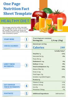 One page nutrition fact sheet template presentation report infographic ppt pdf document