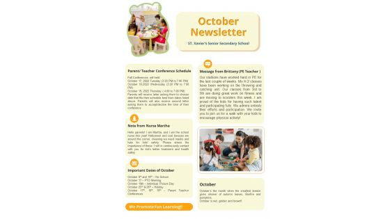 One Page October Parent Newsletter Presentation Report Infographic Ppt Pdf Document
