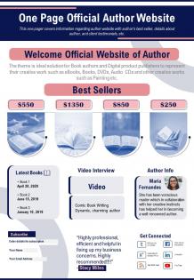 One page official author website presentation report infographic ppt pdf document