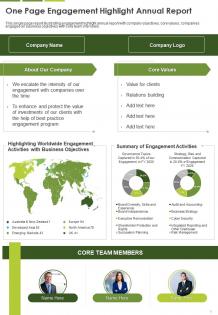 One Page One Page Engagement Highlight Annual Report Template 324 Presentation Report Infographic Ppt Pdf Document