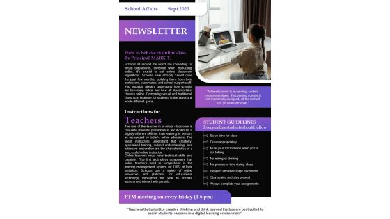 One Page Online Class Newsletter Template Presentation Report Infographic Ppt Pdf Document