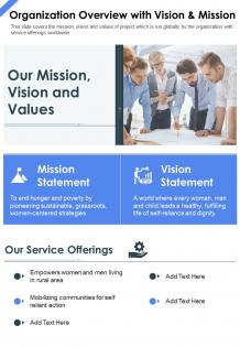 One page organization overview with vision and mission presentation report infographic ppt pdf document