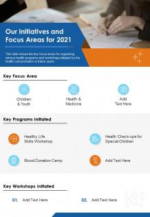 One page our initiatives and focus areas for 2021 presentation report infographic ppt pdf document