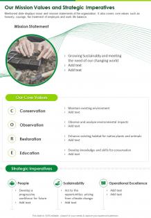 One page our mission values and strategic imperatives presentation report infographic ppt pdf document
