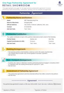 One page partnership agreement for retail showroom presentation report infographic ppt pdf document