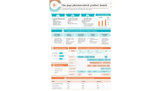 One Page Pharmaceutical Product Launch Presentation Report Infographic PPT PDF Document