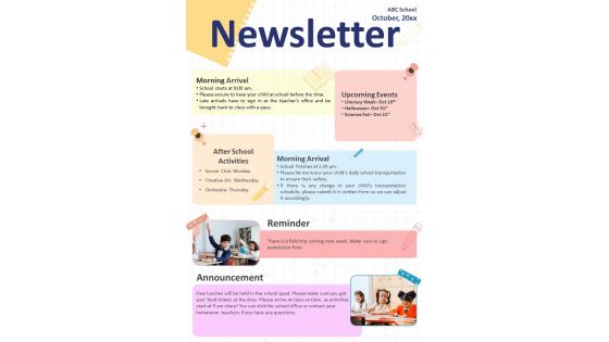 One Page Post It Style Newsletter Template Presentation Report Infographic PPT PDF Document
