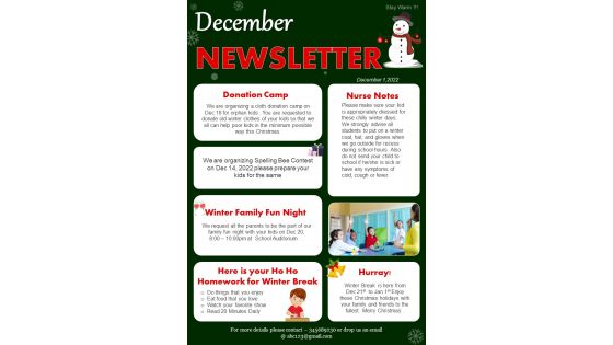 One Page Preschool Winter Break Newsletter Presentation Report Infographic Ppt Pdf Document