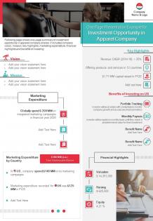 One page presentation example for investment opportunity in apparel company report infographic ppt pdf document