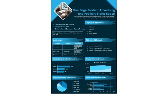 One Page Product Advertising And Publicity Status Report Presentation Infographic PPT PDF Document