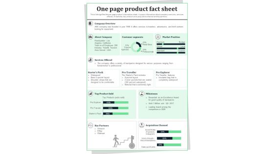 One Page Product Fact Sheet Presentation Report Infographic Ppt Pdf Document