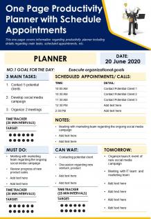 One page productivity planner with schedule appointments presentation report infographic ppt pdf document