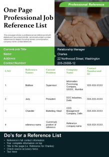 One page professional job reference list presentation report infographic ppt pdf document