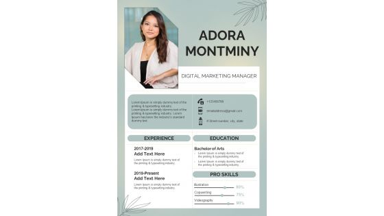 One Page Professional Resume For Digital Marketing Manager Presentation Report Infographic Ppt Pdf Document