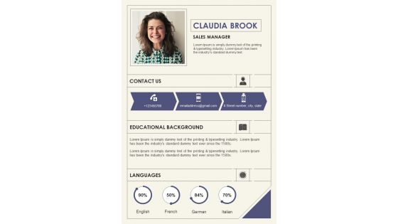One Page Professional Sales Manager Resume Presentation Report Infographic Ppt Pdf Document