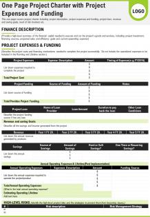 One page project charter with project expenses and funding presentation report infographic ppt pdf document