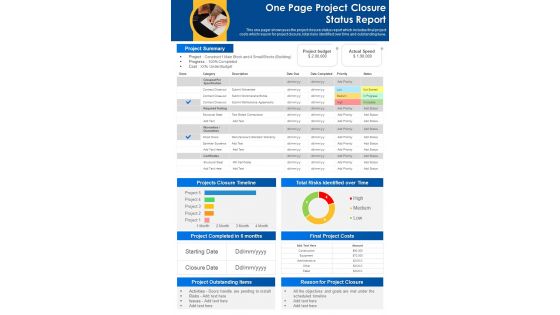 One Page Project Closure Status Report Presentation Infographic PPT PDF Document