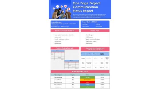 One Page Project Communication Status Report Presentation Infographic Ppt Pdf Document