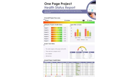 One Page Project Health Status Report Sample Example Document
