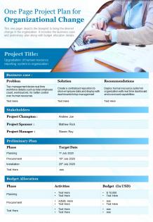 One page project plan for organizational change presentation report infographic ppt pdf document