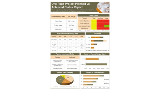 One Page Project Planned Vs Achieved Status Report Presentation Infographic Ppt Pdf Document
