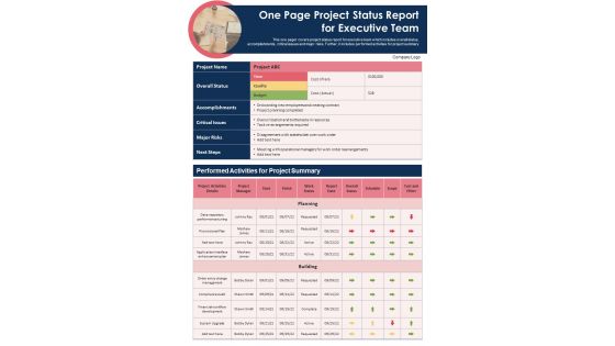 One Page Project Status Report For Executive Team Presentation Report Infographic Ppt Pdf Document
