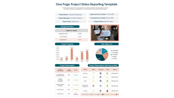 One Page Project Status Reporting Template Presentation Report Infographic PPT PDF Document