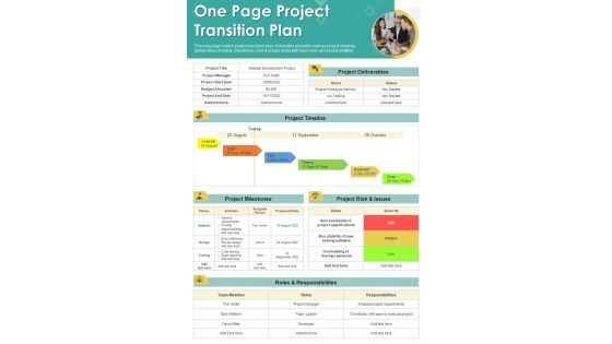 One page project transition plan presentation report infographic PPT PDF document