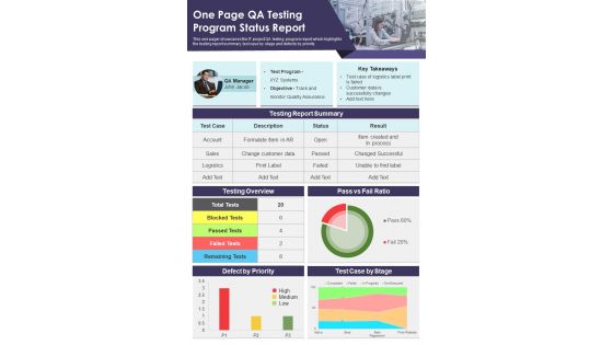 One Page QA Testing Program Status Report Presentation Infographic Ppt Pdf Document