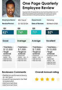 One page quarterly employee review presentation report infographic ppt pdf document