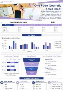 One page quarterly sales sheet presentation report infographic ppt pdf document