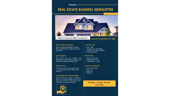 One Page Real Estate Business Newsletter Bifold Presentation Report Infographic PPT PDF Document