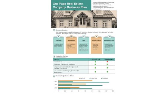 One Page Real Estate Company Business Plan Presentation Report Infographic PPT PDF Document
